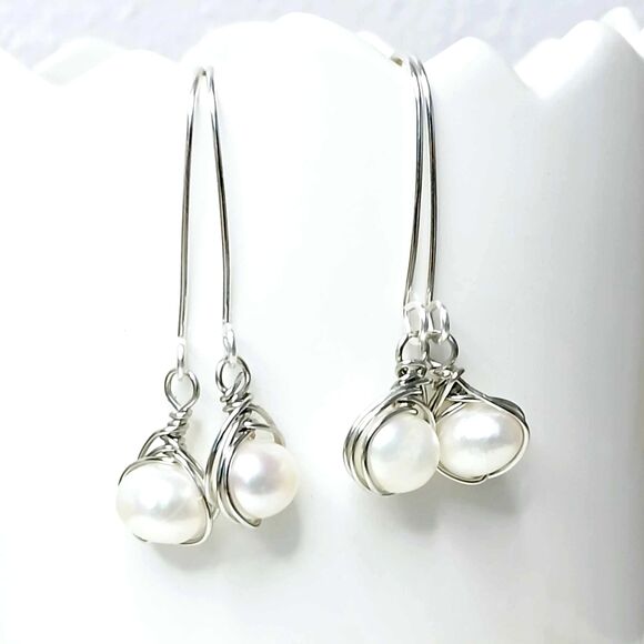 Hand Crafted Jewelry - Freshwater Pearl Beaded Dangle Drop Earrings, Wire Wrapped Boho Chic Statement
